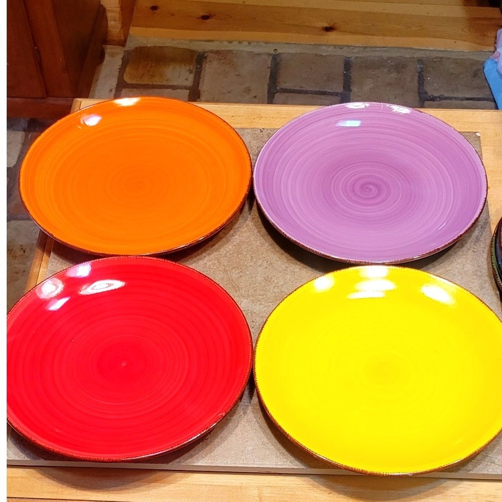 SET 4 Vancasso Stoneware Dinner Plates Red Yellow Orange Purple 10.5 inch